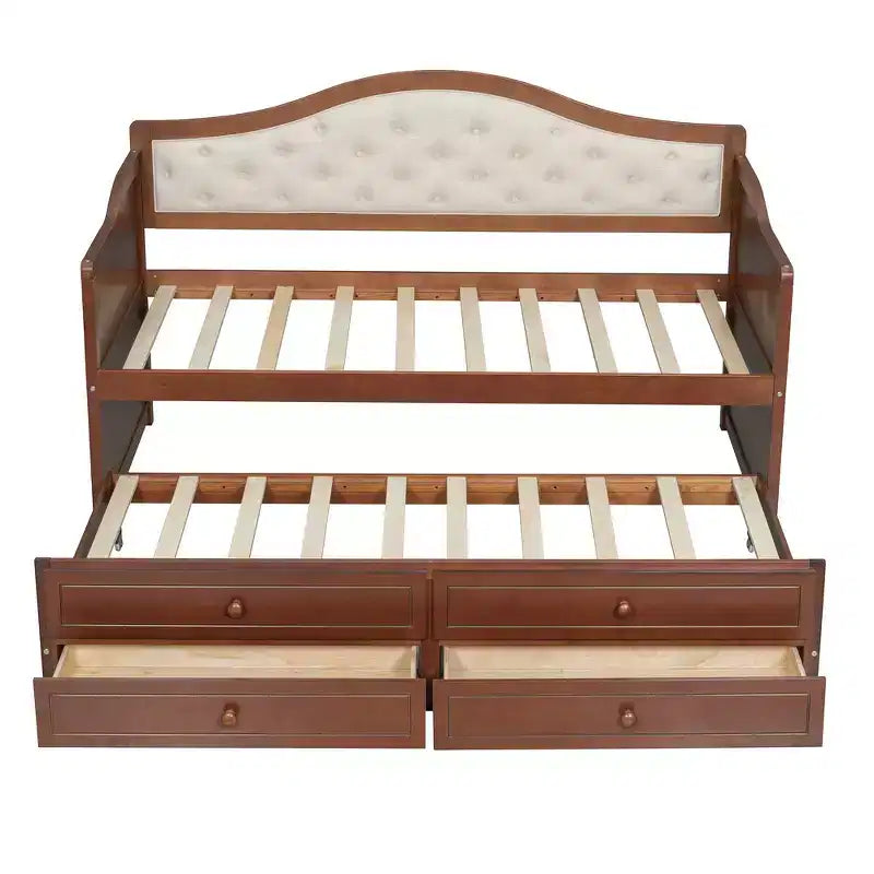 Cadre de Lit de Repos Simple, Canapé-lit en Bois avec Lit Gigogne, Dossier capitonné, 2 Tiroirs de Rangement