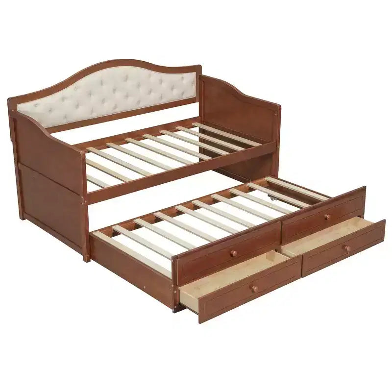Cadre de Lit de Repos Simple, Canapé-lit en Bois avec Lit Gigogne, Dossier capitonné, 2 Tiroirs de Rangement