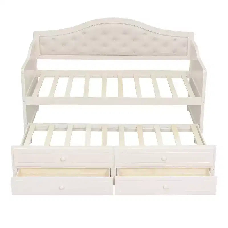 Cadre de Lit de Repos Simple, Canapé-lit en Bois avec Lit Gigogne, Dossier capitonné, 2 Tiroirs de Rangement