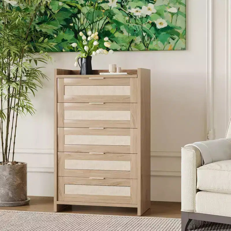 Commode en rotin, Chiffonnier Haut à 5 Tiroirs avec Poignées Métalliques pour Chambre et Salon