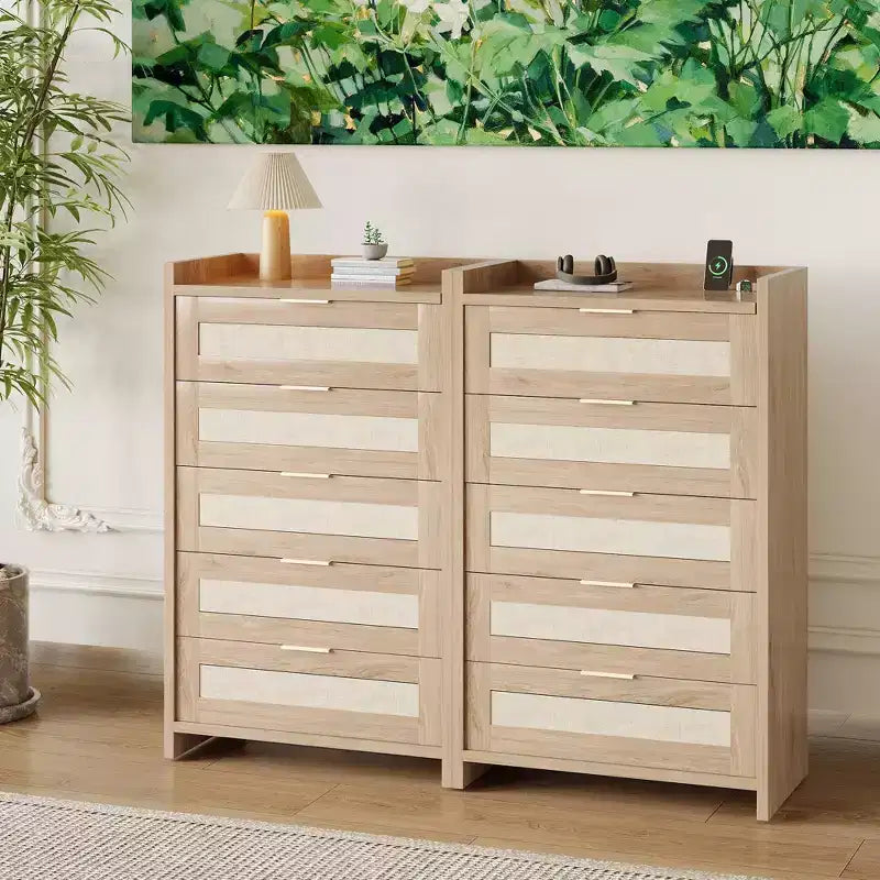 Commode en rotin, Chiffonnier Haut à 5 Tiroirs avec Poignées Métalliques pour Chambre et Salon