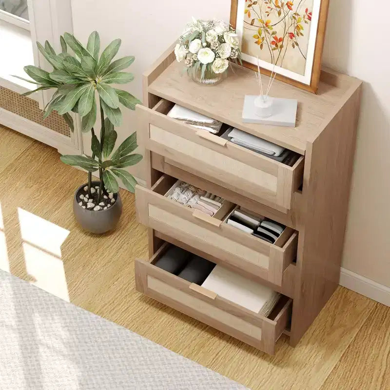 Commode en rotin, Chiffonnier Haut à 5 Tiroirs avec Poignées Métalliques pour Chambre et Salon