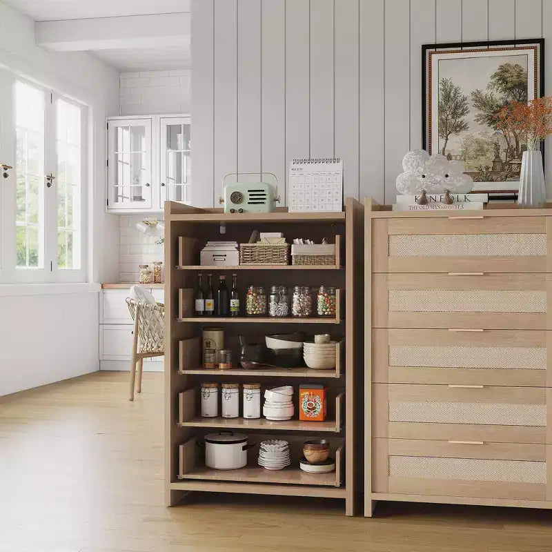 Commode en rotin, Chiffonnier Haut à 5 Tiroirs avec Poignées Métalliques pour Chambre et Salon