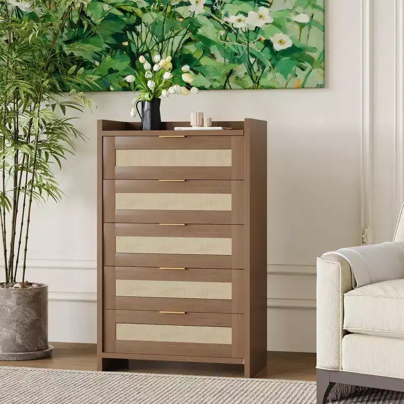 Commode en rotin, Chiffonnier Haut à 5 Tiroirs avec Poignées Métalliques pour Chambre et Salon