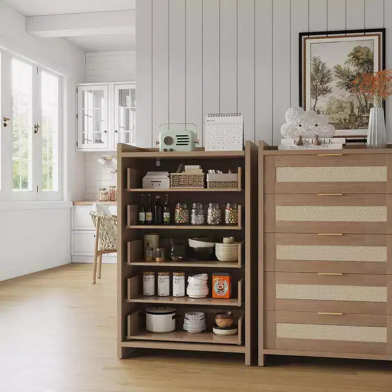 Commode en rotin, Chiffonnier Haut à 5 Tiroirs avec Poignées Métalliques pour Chambre et Salon