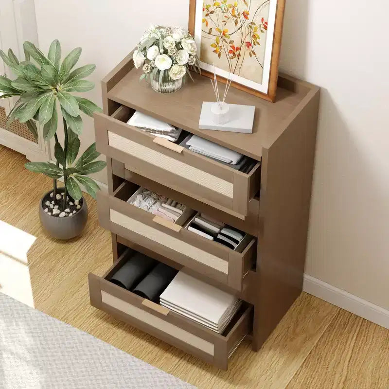 Commode en rotin, Chiffonnier Haut à 5 Tiroirs avec Poignées Métalliques pour Chambre et Salon