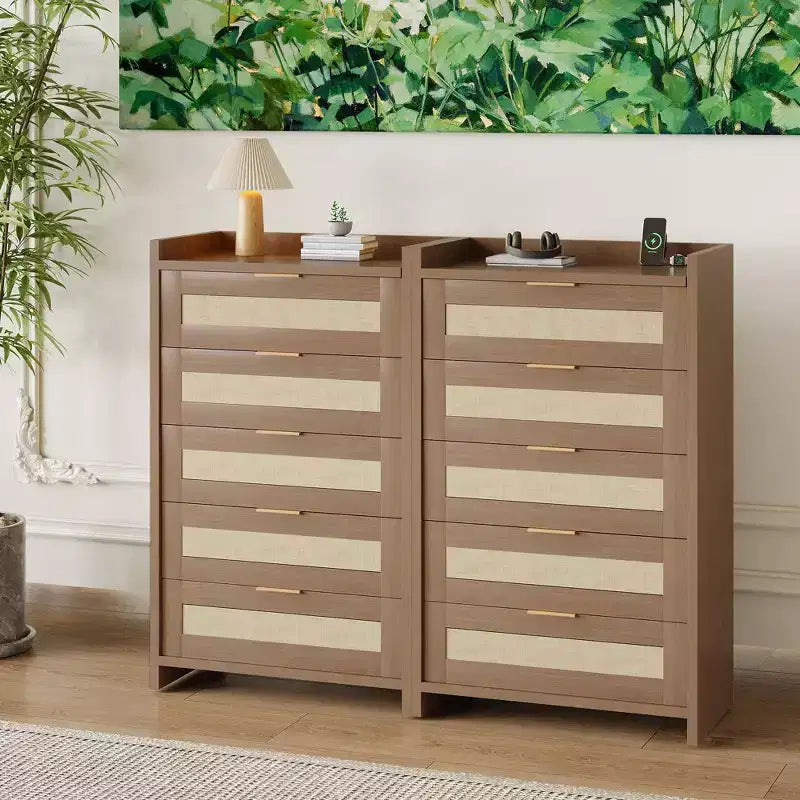 Commode en rotin, Chiffonnier Haut à 5 Tiroirs avec Poignées Métalliques pour Chambre et Salon