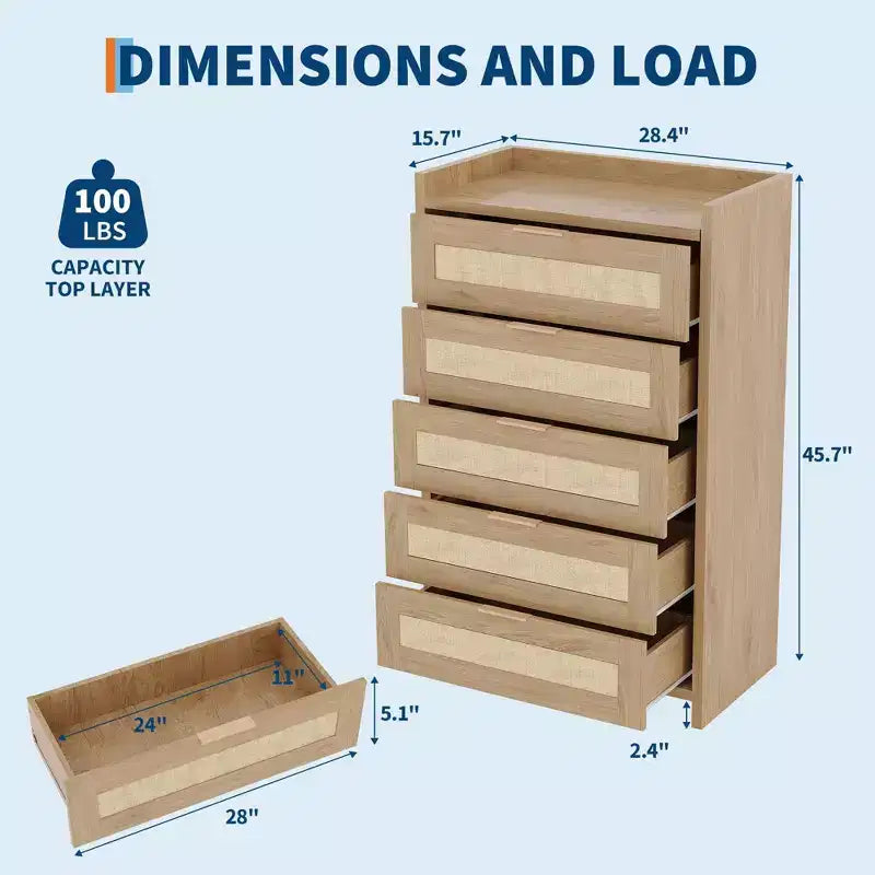 Commode en rotin, Chiffonnier Haut à 5 Tiroirs avec Poignées Métalliques pour Chambre et Salon