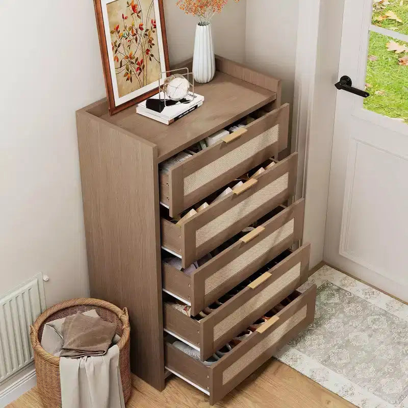 COZONY Rattan Dresser, 5-Drawer Tall Storage Chest w/ Metal Handles for Bedroom & Living Room