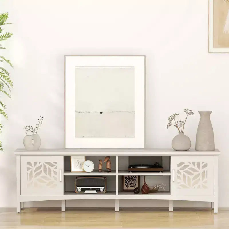 Meuble TV moderne pour téléviseurs jusqu'à 75 pouces, console TV avec étagère de rangement réglable, miroir décoratif, centre de divertissement pour salon