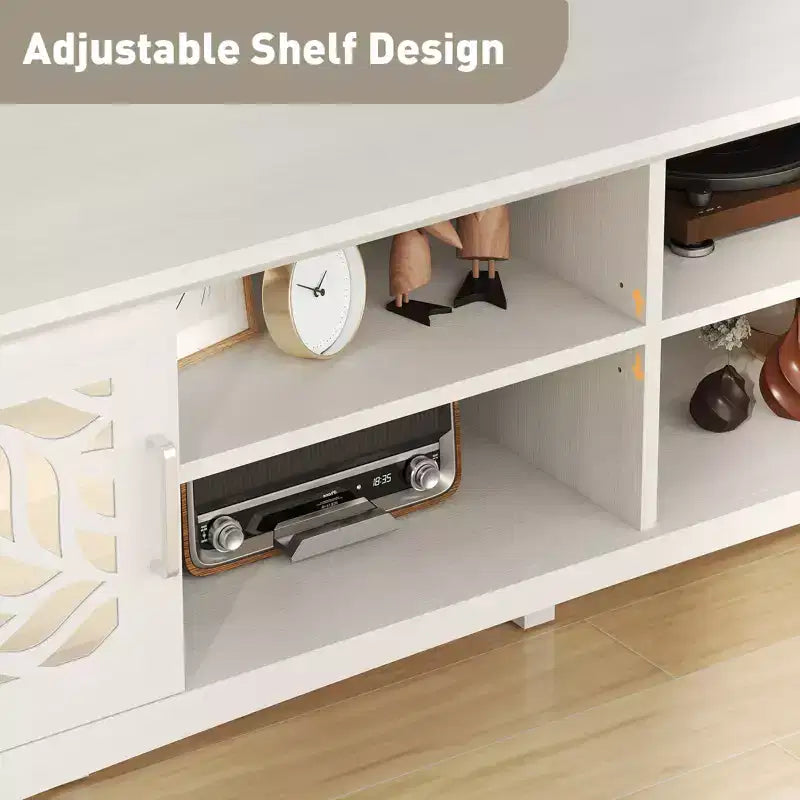 Meuble TV moderne pour téléviseurs jusqu'à 75 pouces, console TV avec étagère de rangement réglable, miroir décoratif, centre de divertissement pour salon