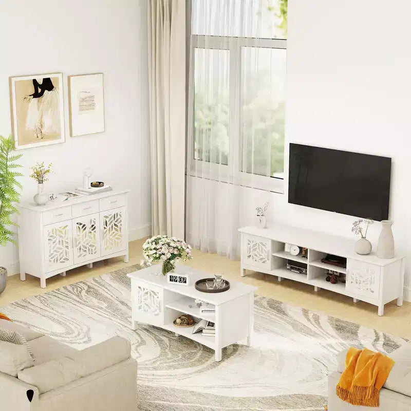 Meuble TV moderne pour téléviseurs jusqu'à 75 pouces, console TV avec étagère de rangement réglable, miroir décoratif, centre de divertissement pour salon