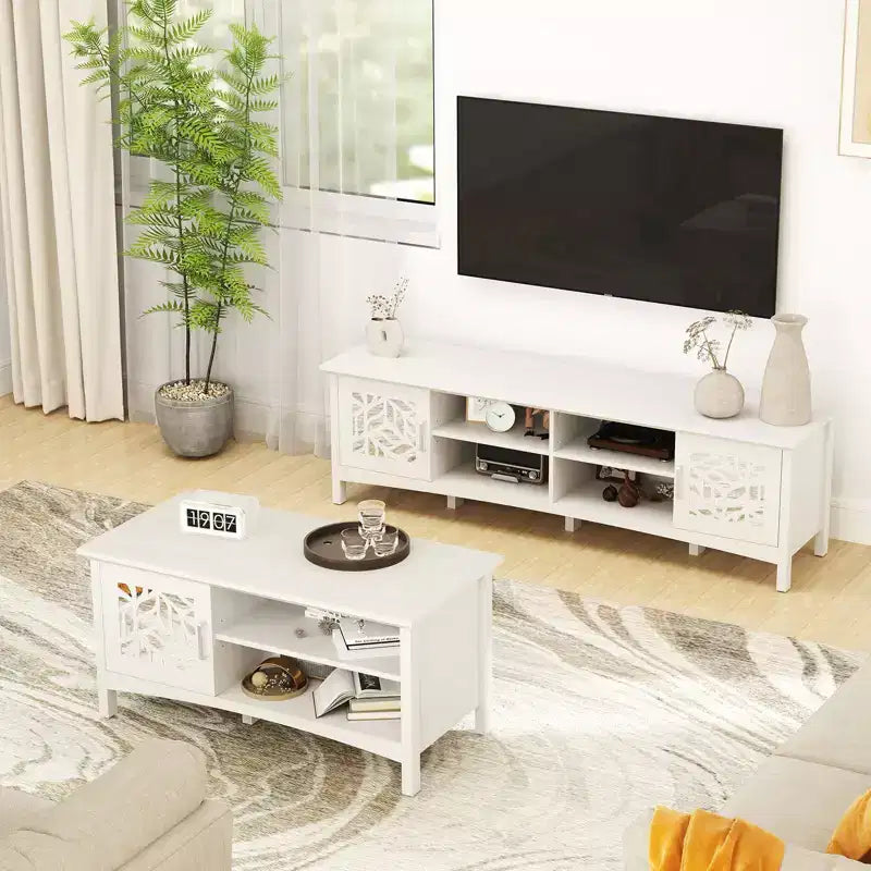 Meuble TV moderne pour téléviseurs jusqu'à 75 pouces, console TV avec étagère de rangement réglable, miroir décoratif, centre de divertissement pour salon