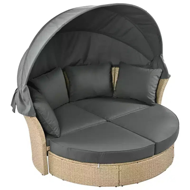 Outdoor Daybed, Round Sofa with Cushions, 4 Pillows, Zippers Cushion Covers, Iron Frame, Retractable Canopy for Garden, Backyard, Lawn, Porch