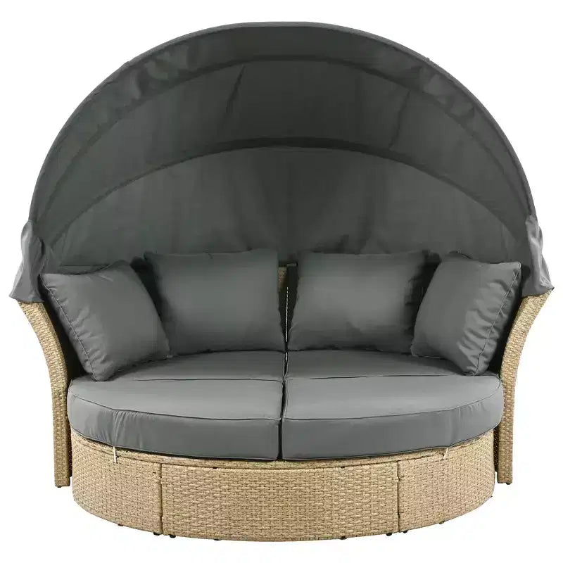 Lit de repos extérieur, canapé rond avec coussins, 4 oreillers, housses de coussin à fermetures éclair, cadre en fer, auvent rétractable pour jardin, cour, pelouse, porche
