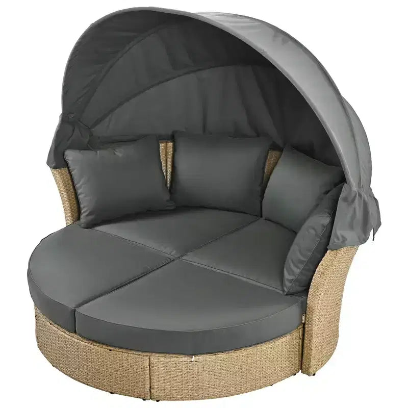 Lit de repos extérieur, canapé rond avec coussins, 4 oreillers, housses de coussin à fermetures éclair, cadre en fer, auvent rétractable pour jardin, cour, pelouse, porche