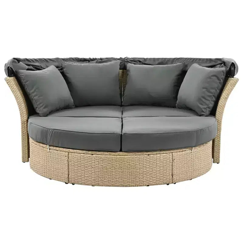Lit de repos extérieur, canapé rond avec coussins, 4 oreillers, housses de coussin à fermetures éclair, cadre en fer, auvent rétractable pour jardin, cour, pelouse, porche