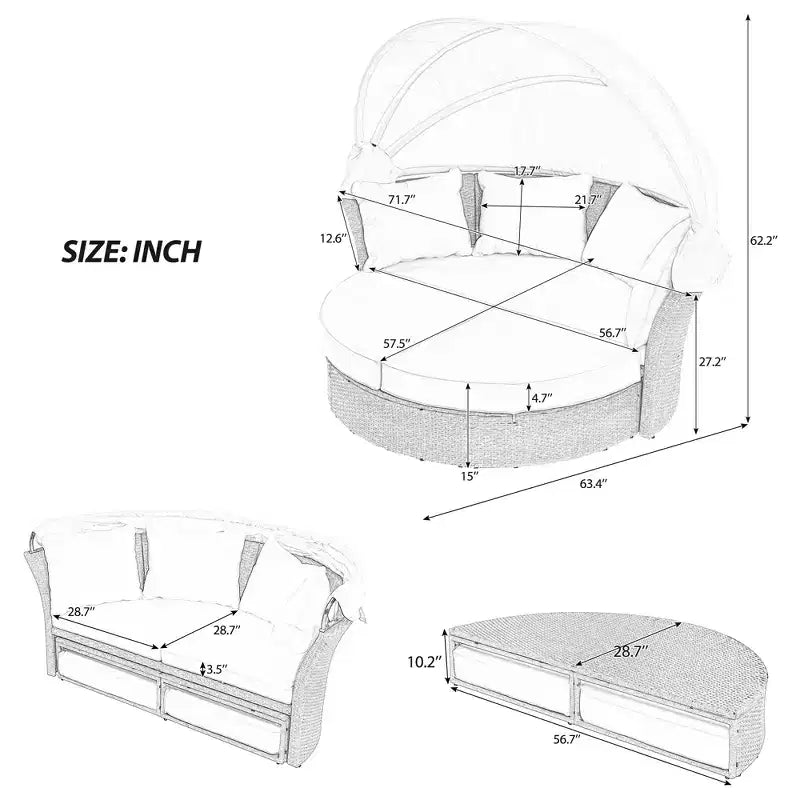 Lit de repos extérieur, canapé rond avec coussins, 4 oreillers, housses de coussin à fermetures éclair, cadre en fer, auvent rétractable pour jardin, cour, pelouse, porche