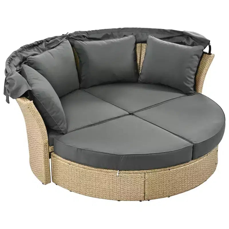 Lit de repos extérieur, canapé rond avec coussins, 4 oreillers, housses de coussin à fermetures éclair, cadre en fer, auvent rétractable pour jardin, cour, pelouse, porche