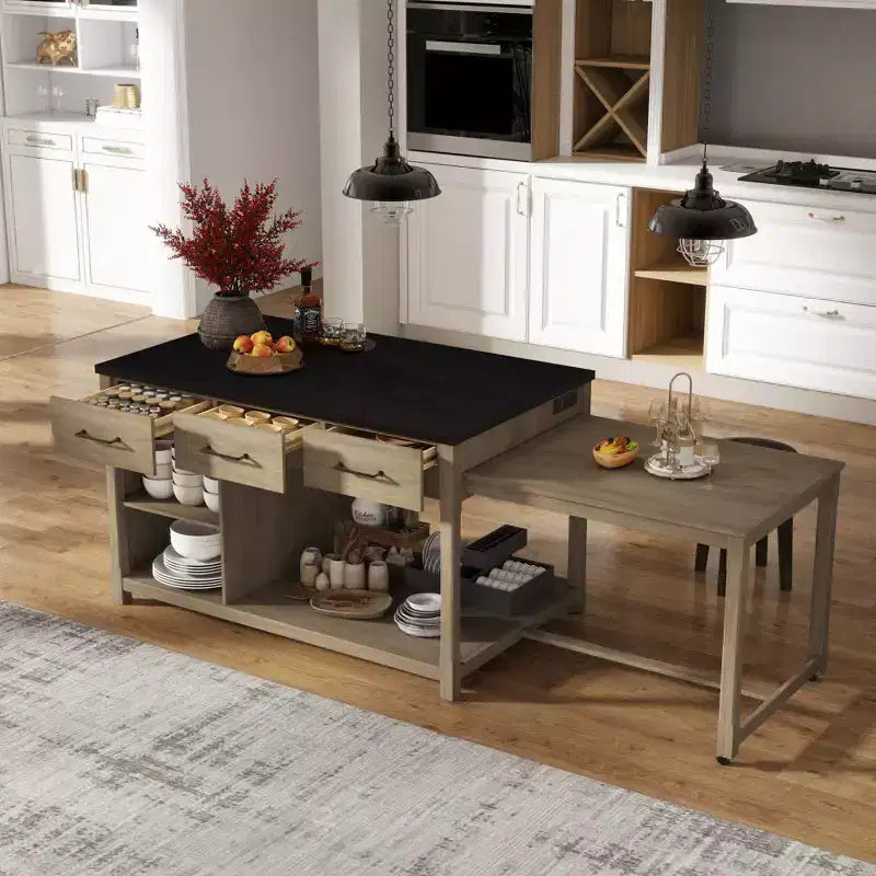 Îlot de cuisine extensible avec rangement, chariot de cuisine multifonctionnel avec prises de courant intégrées, avec tiroirs et étagères ouvertes pour la cuisine