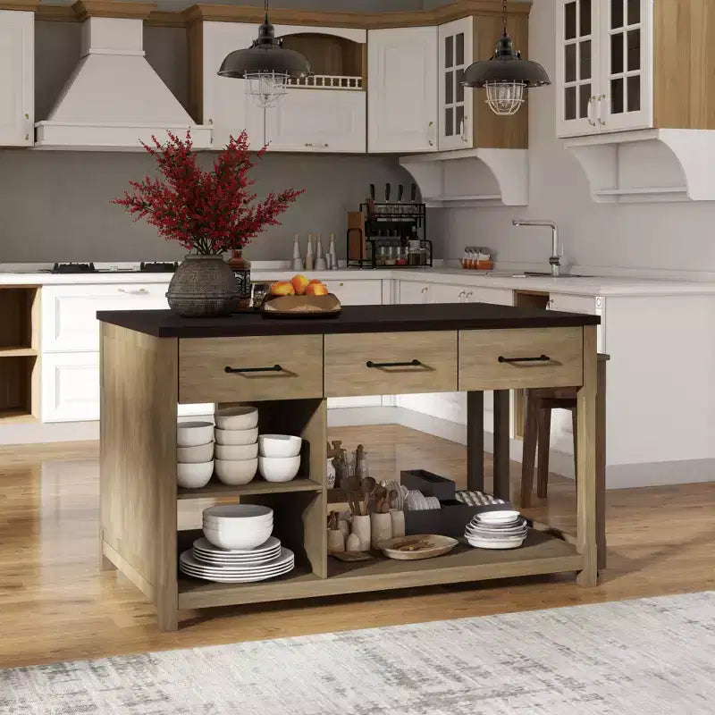 Îlot de cuisine extensible avec rangement, chariot de cuisine multifonctionnel avec prises de courant intégrées, avec tiroirs et étagères ouvertes pour la cuisine