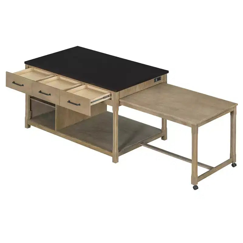 Îlot de cuisine extensible avec rangement, chariot de cuisine multifonctionnel avec prises de courant intégrées, avec tiroirs et étagères ouvertes pour la cuisine