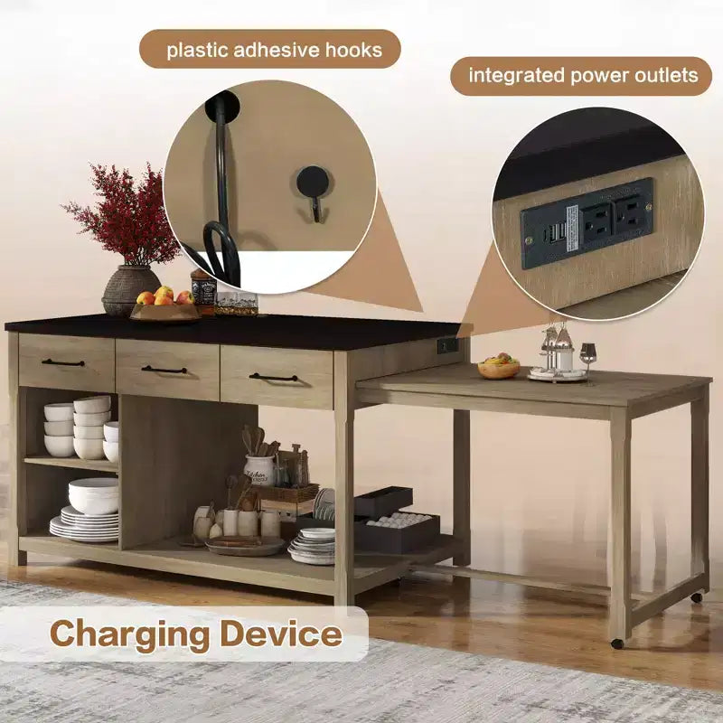 Îlot de cuisine extensible avec rangement, chariot de cuisine multifonctionnel avec prises de courant intégrées, avec tiroirs et étagères ouvertes pour la cuisine