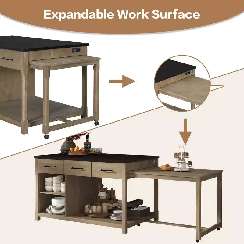 Îlot de cuisine extensible avec rangement, chariot de cuisine multifonctionnel avec prises de courant intégrées, avec tiroirs et étagères ouvertes pour la cuisine