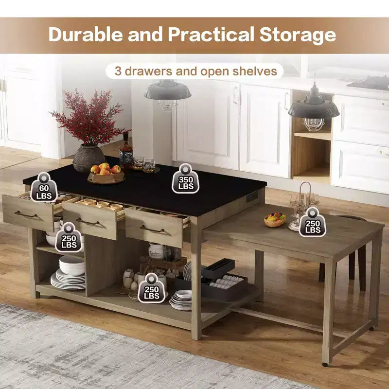 Îlot de cuisine extensible avec rangement, chariot de cuisine multifonctionnel avec prises de courant intégrées, avec tiroirs et étagères ouvertes pour la cuisine