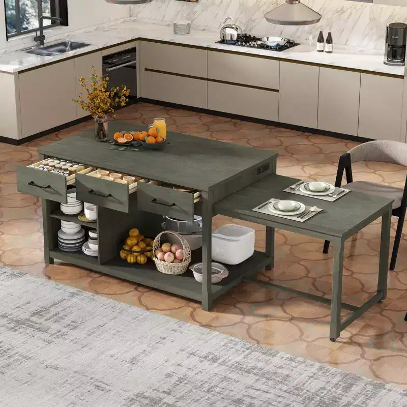 Îlot de cuisine extensible avec rangement, chariot de cuisine multifonctionnel avec prises de courant intégrées, avec tiroirs et étagères ouvertes pour la cuisine