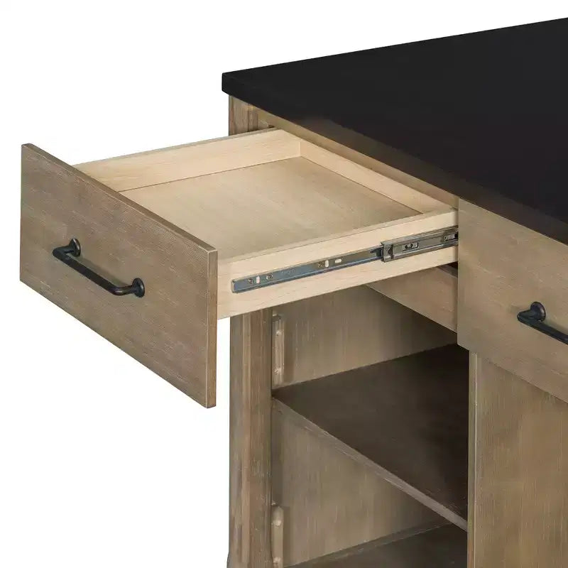 Îlot de cuisine extensible avec rangement, chariot de cuisine multifonctionnel avec prises de courant intégrées, avec tiroirs et étagères ouvertes pour la cuisine