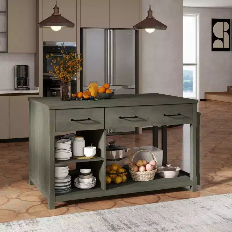 Îlot de cuisine extensible avec rangement, chariot de cuisine multifonctionnel avec prises de courant intégrées, avec tiroirs et étagères ouvertes pour la cuisine