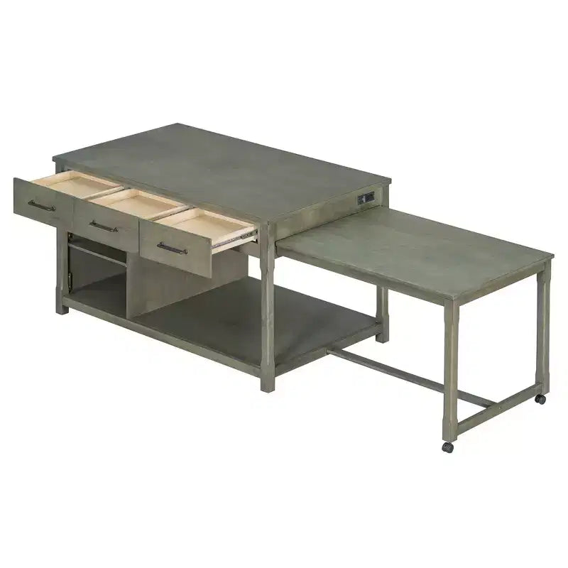 Îlot de cuisine extensible avec rangement, chariot de cuisine multifonctionnel avec prises de courant intégrées, avec tiroirs et étagères ouvertes pour la cuisine