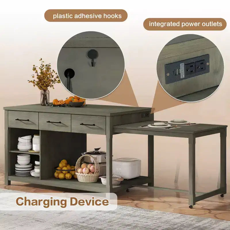 Îlot de cuisine extensible avec rangement, chariot de cuisine multifonctionnel avec prises de courant intégrées, avec tiroirs et étagères ouvertes pour la cuisine