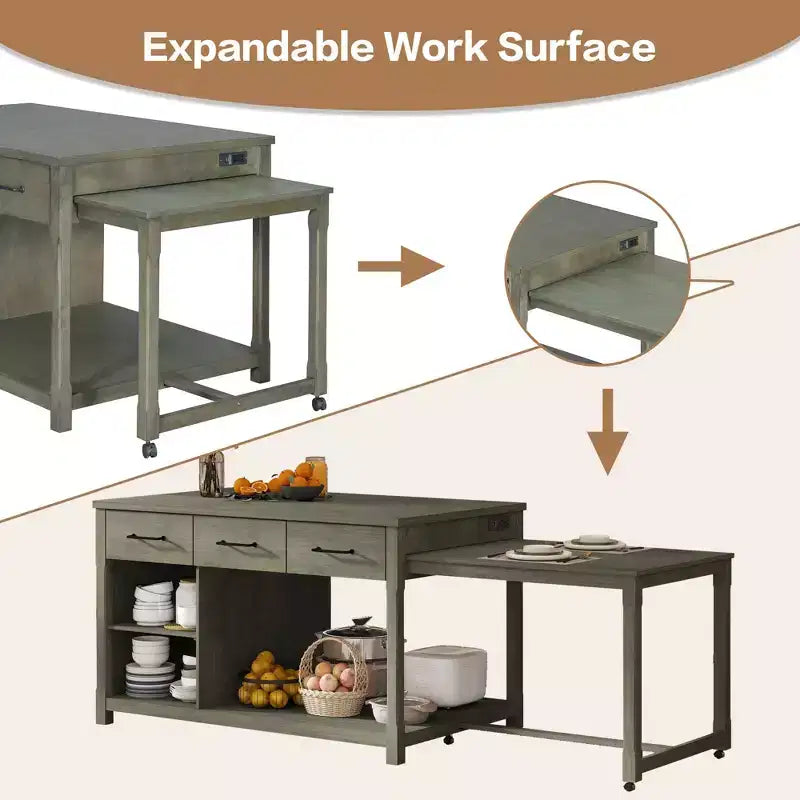 Îlot de cuisine extensible avec rangement, chariot de cuisine multifonctionnel avec prises de courant intégrées, avec tiroirs et étagères ouvertes pour la cuisine