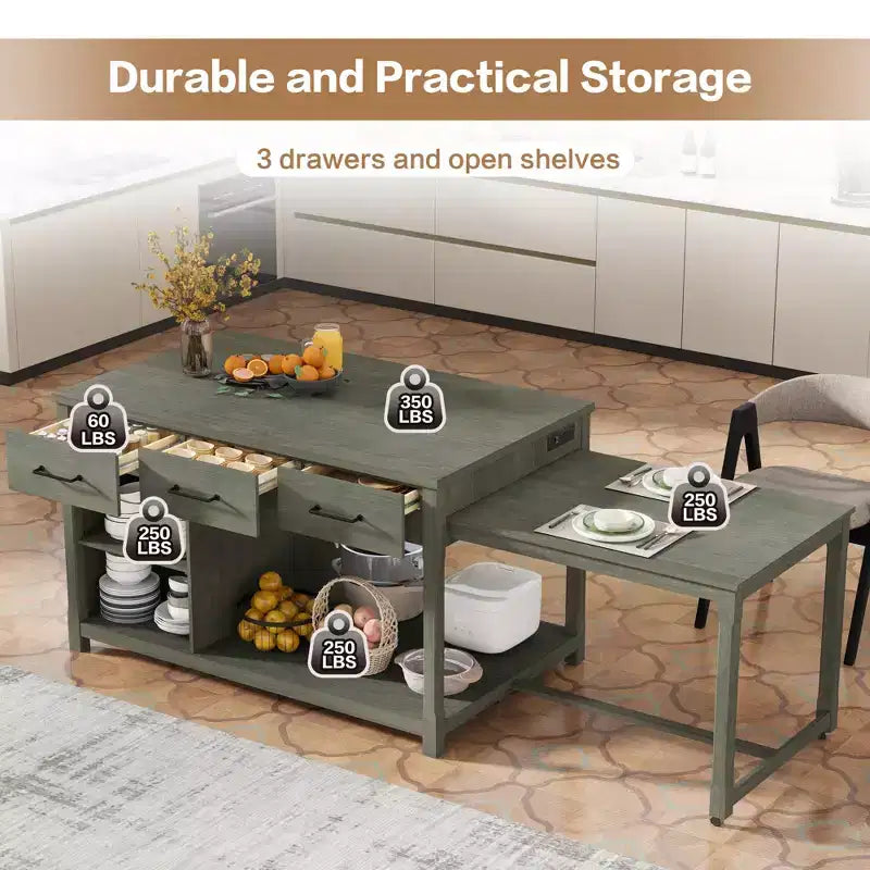 Îlot de cuisine extensible avec rangement, chariot de cuisine multifonctionnel avec prises de courant intégrées, avec tiroirs et étagères ouvertes pour la cuisine