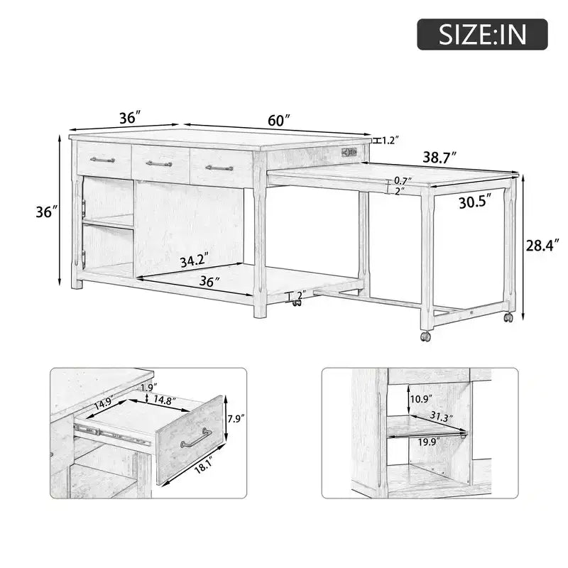 Îlot de cuisine extensible avec rangement, chariot de cuisine multifonctionnel avec prises de courant intégrées, avec tiroirs et étagères ouvertes pour la cuisine