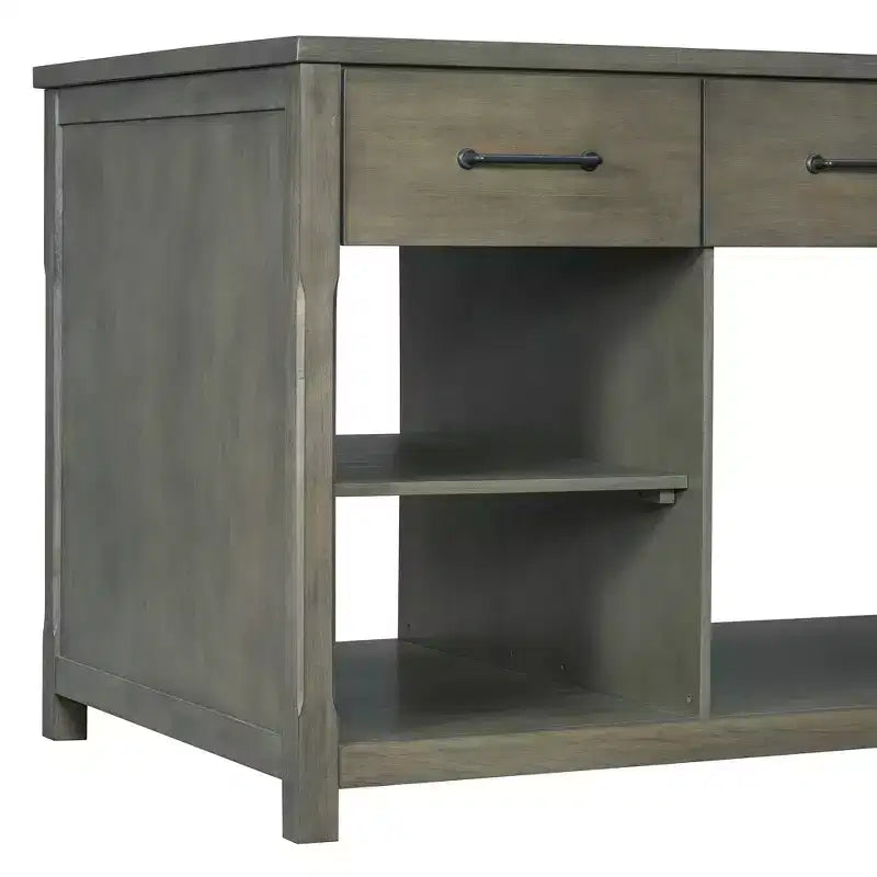 Îlot de cuisine extensible avec rangement, chariot de cuisine multifonctionnel avec prises de courant intégrées, avec tiroirs et étagères ouvertes pour la cuisine