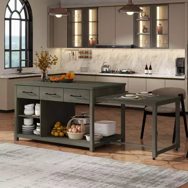 Clihome Extendable Kitchen Island with Storage, Multi-Functional Kitchen Cart with Built-In Power Outlets,with Drawers and Open Shelves for Kitchen