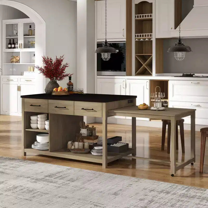 Îlot de cuisine extensible avec rangement, chariot de cuisine multifonctionnel avec prises de courant intégrées, avec tiroirs et étagères ouvertes pour la cuisine