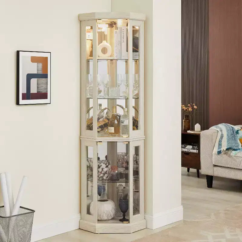 Cabinet with Lighted, Display Cabinet with Glass Doors, Corner China Cabinet with Tempered Adjustable Glass Shelves White
