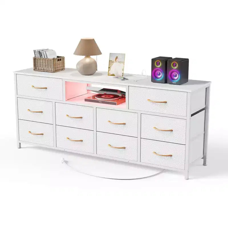 55 Inch Wide White TV Stand Dresser 10 Drawers with Power Outlets LED Lights Media Console for 65 Inch TV Bedroom Storage Chest Entertainment Center