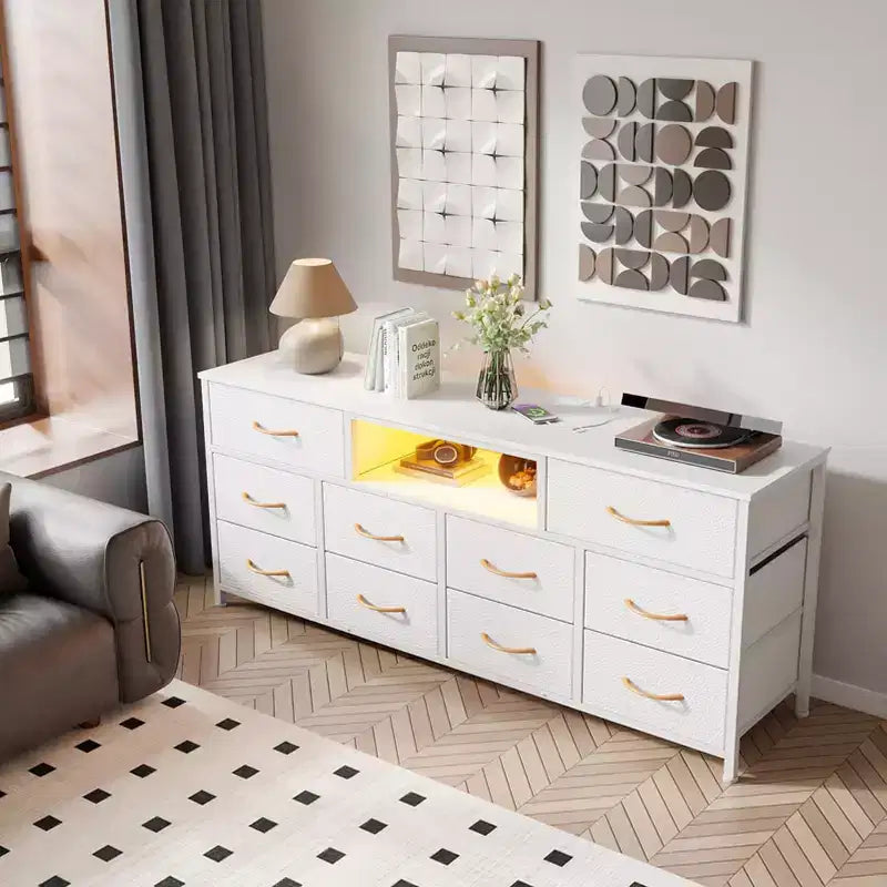 55 Inch Wide White TV Stand Dresser 10 Drawers with Power Outlets LED Lights Media Console for 65 Inch TV Bedroom Storage Chest Entertainment Center