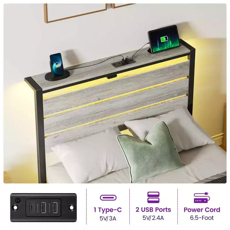 Greenstell Industrial Metal Platform Bed Frame with 4 Storage Drawers - Led light & Charging Station , Mattress Foundation, Heavy Duty