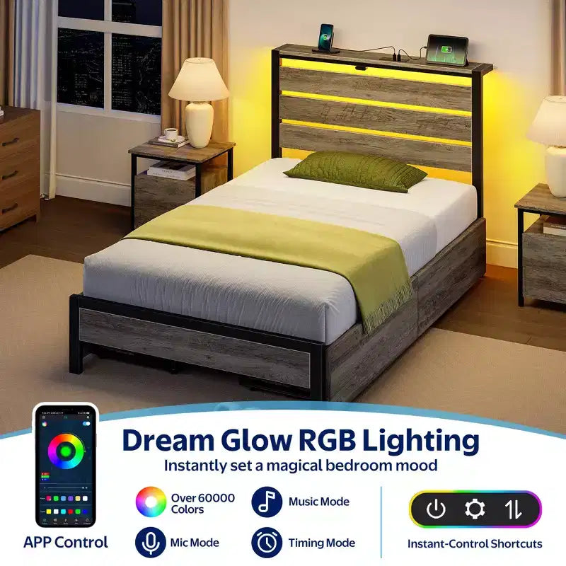 Greenstell Industrial Metal Platform Bed Frame with 4 Storage Drawers - Led light & Charging Station , Mattress Foundation, Heavy Duty