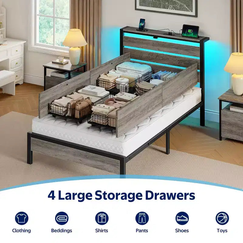 Greenstell Industrial Metal Platform Bed Frame with 4 Storage Drawers - Led light & Charging Station , Mattress Foundation, Heavy Duty