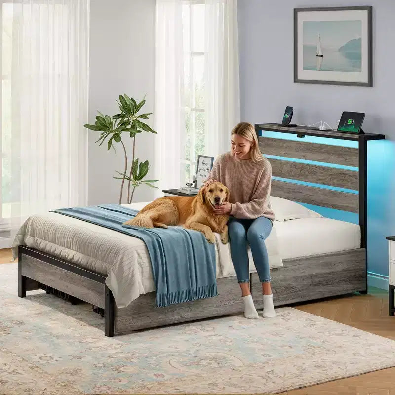 Greenstell Industrial Metal Platform Bed Frame with 4 Storage Drawers - Led light & Charging Station , Mattress Foundation, Heavy Duty