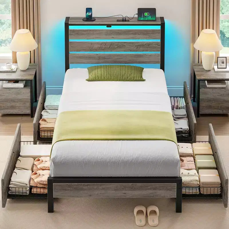 Greenstell Industrial Metal Platform Bed Frame with 4 Storage Drawers - Led light & Charging Station , Mattress Foundation, Heavy Duty