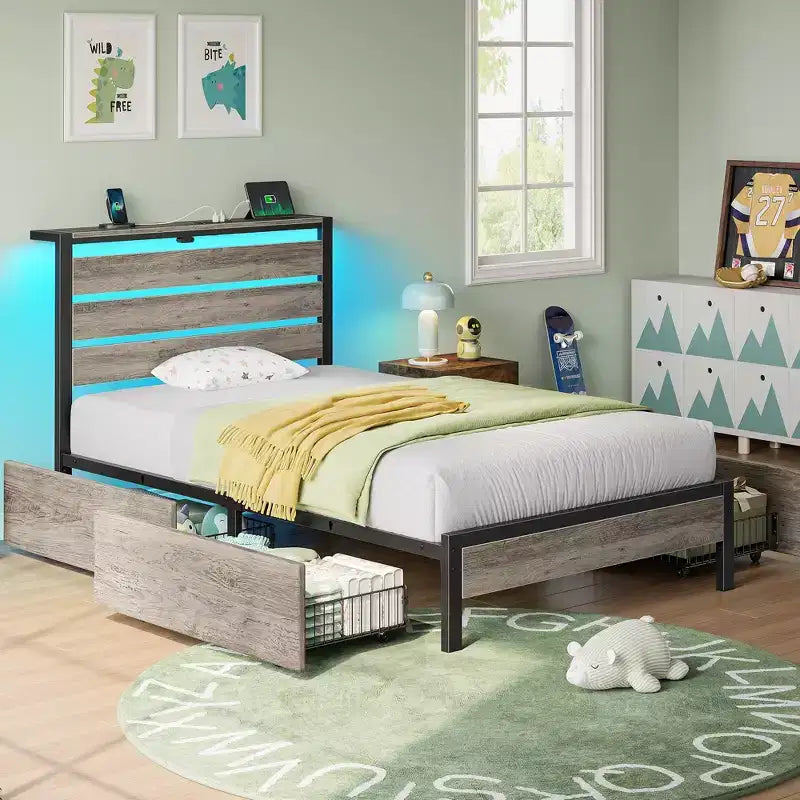 Greenstell Industrial Metal Platform Bed Frame with 4 Storage Drawers - Led light & Charging Station , Mattress Foundation, Heavy Duty