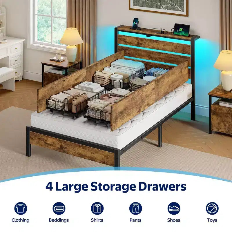 Greenstell Industrial Metal Platform Bed Frame with 4 Storage Drawers - Led light & Charging Station , Mattress Foundation, Heavy Duty